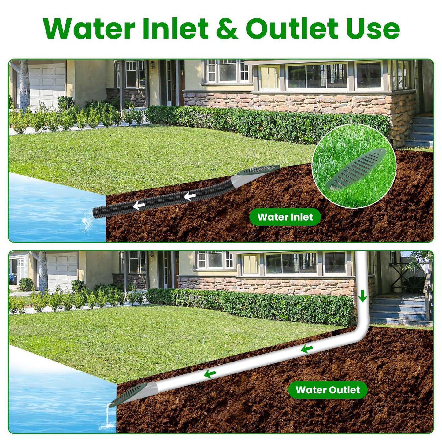 4-Inch Angled Yard Drainage Pipe with Sloped Grate - Green