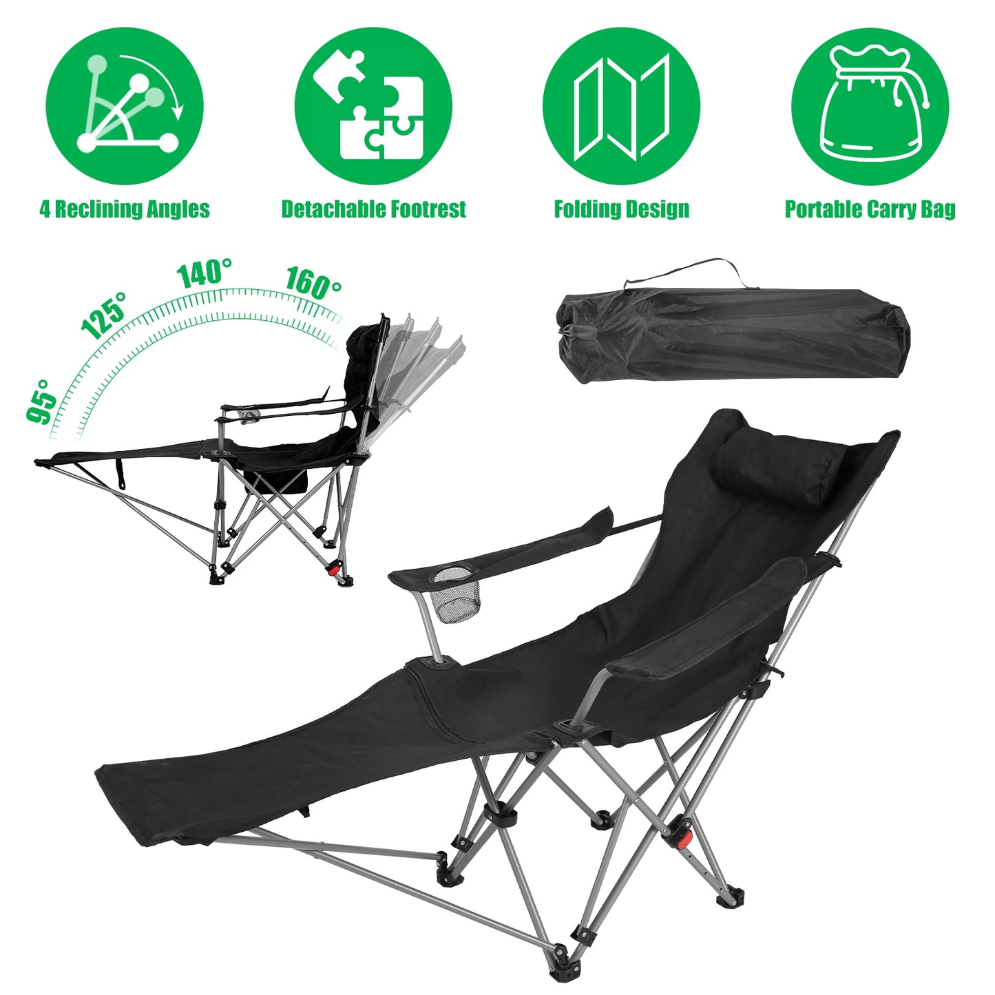 Reclining Camping Chair with Footrest - 4-Position Adjustable