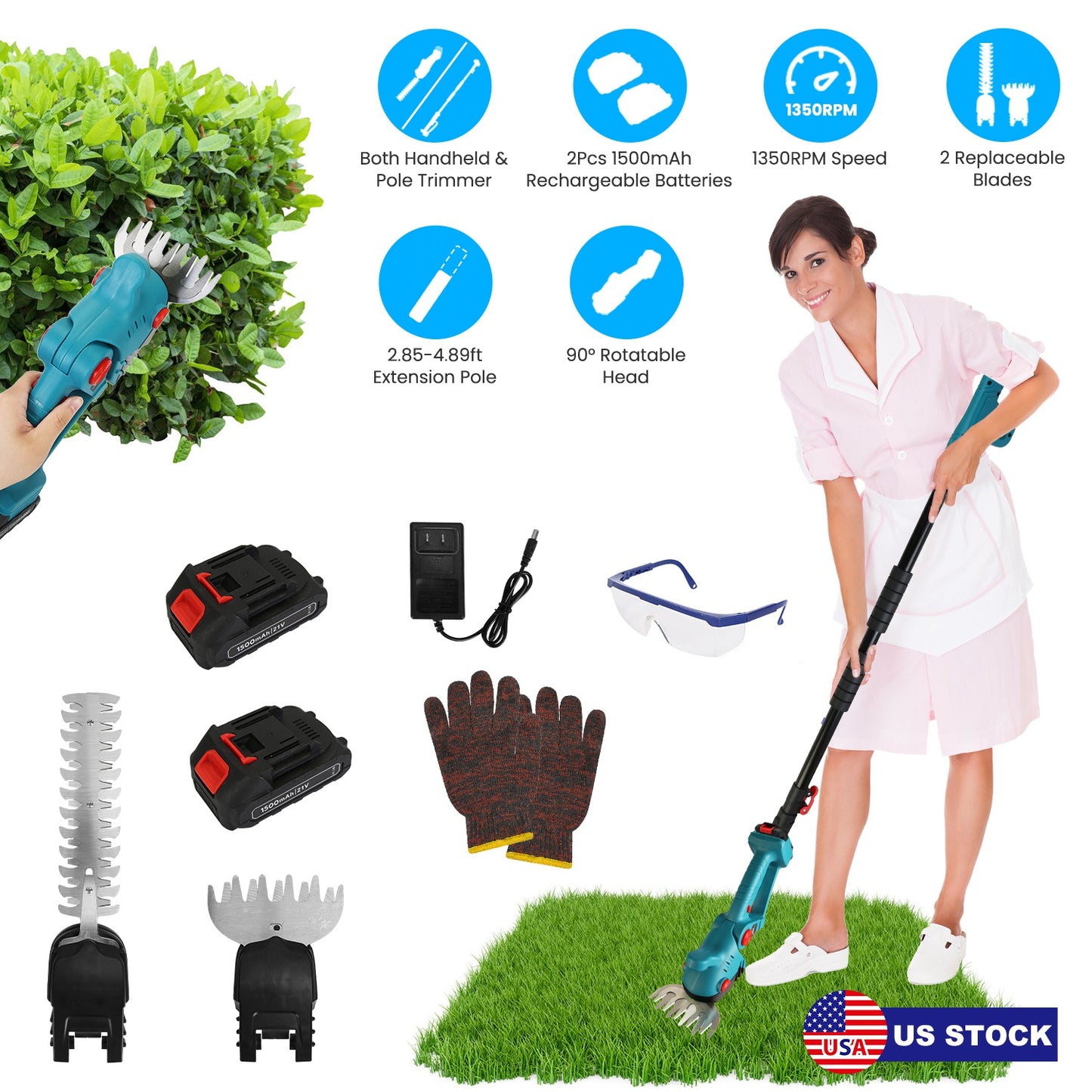 Cordless Hedge Trimmer with Telescopic Pole & Rotating Head