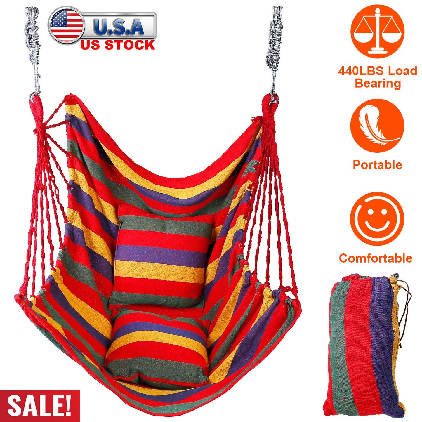 Hammock Hanging Chair with Pillows – 440 LBS Capacity
