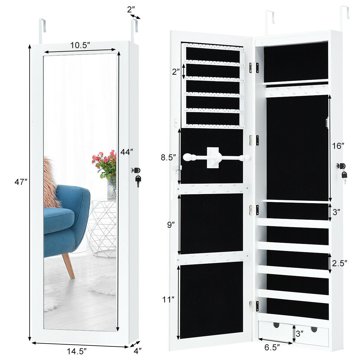 LED Mirrored Jewelry Cabinet with Lock - Door/Wall Mount