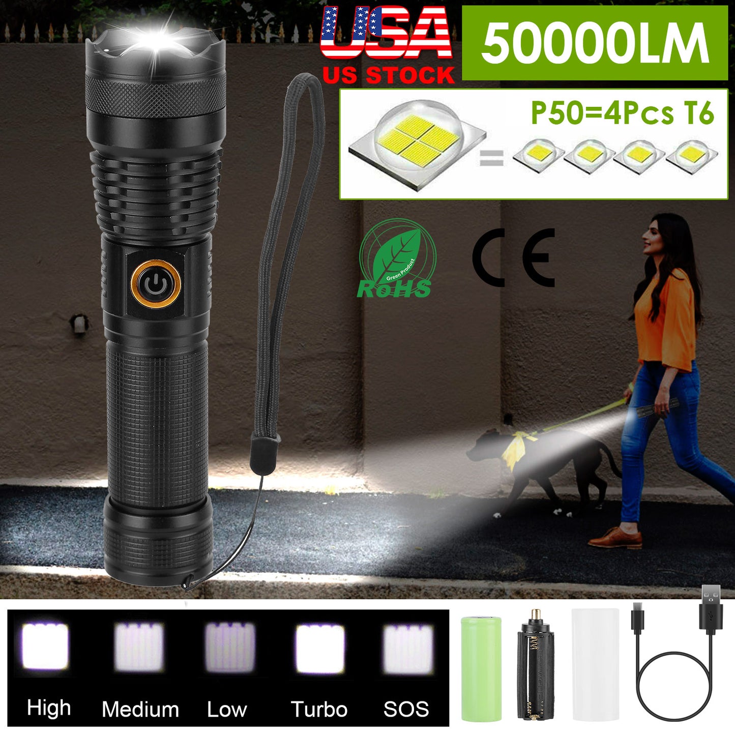 Rechargeable LED Tactical Flashlight 50000LM Zoomable 5 Modes