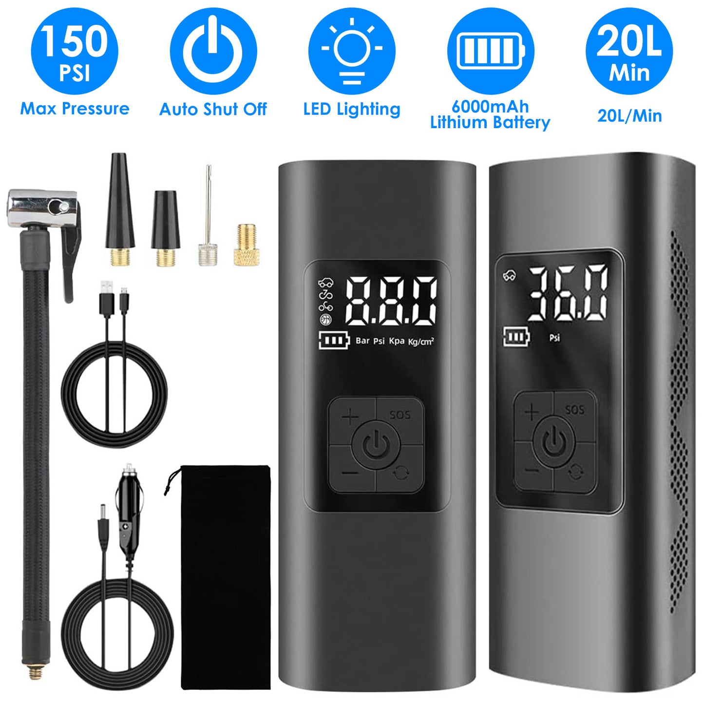 Cordless Tire Inflator 150PSI with 6000mAh Battery