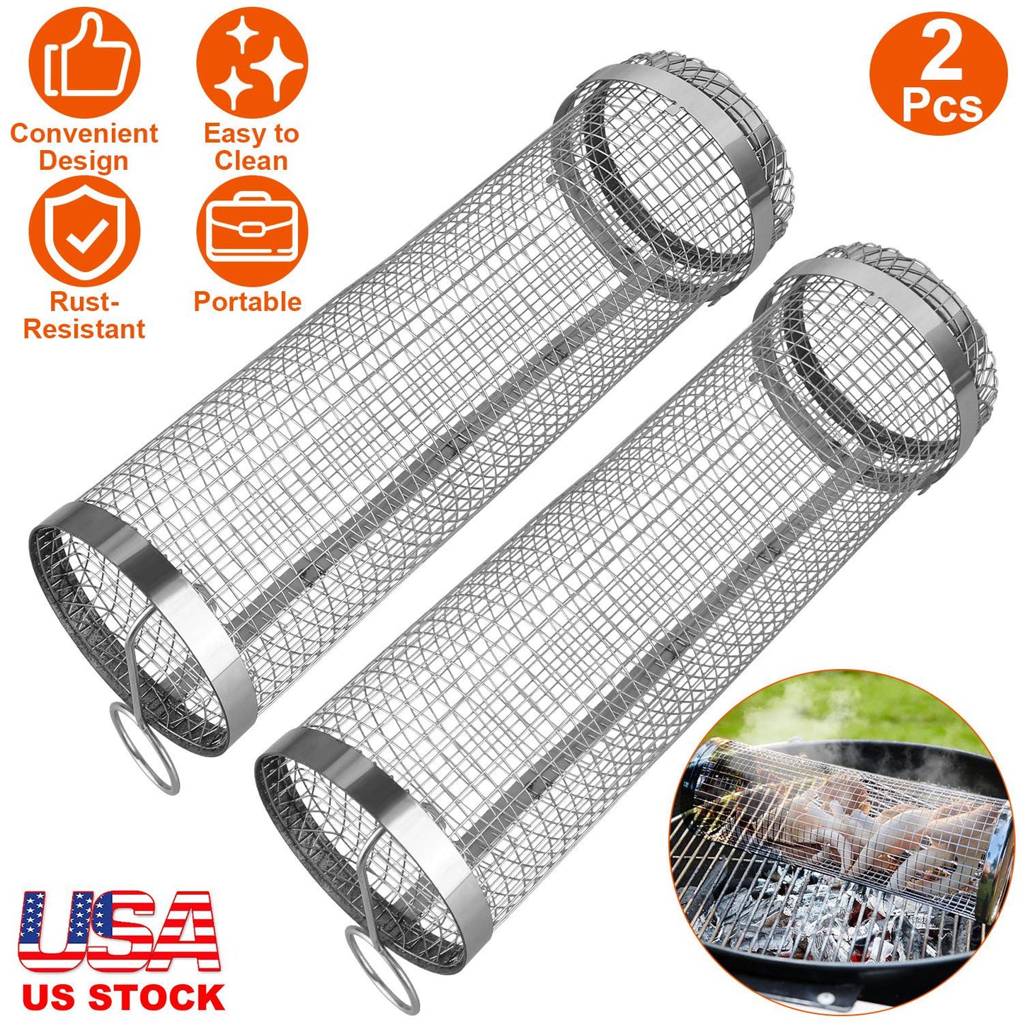 Stainless Steel Rolling Grill Basket Set - 2 Pack with Hooks