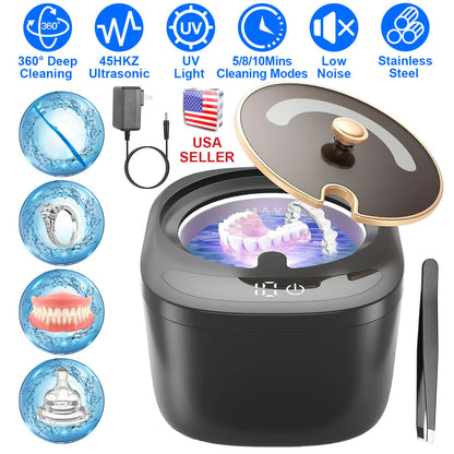 Ultrasonic Retainer Cleaner 45kHz Ultrasonic Cleaning Machine with 3 Modes 230ML Capacity UV Light for Denture Mouth Guard Aligner Dental Trays Braces