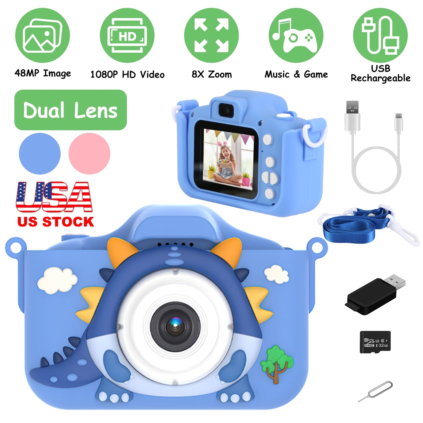Kids Selfie Camera 48MP 1080P HD with Dinosaur Case