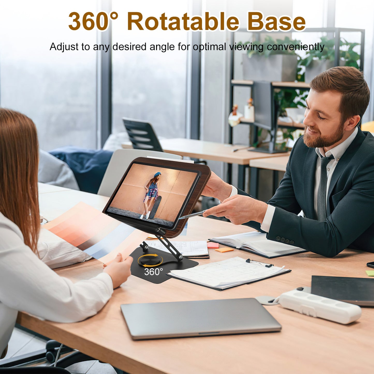 Adjustable Book Stand with 360° Rotatable Base & Paper Clips