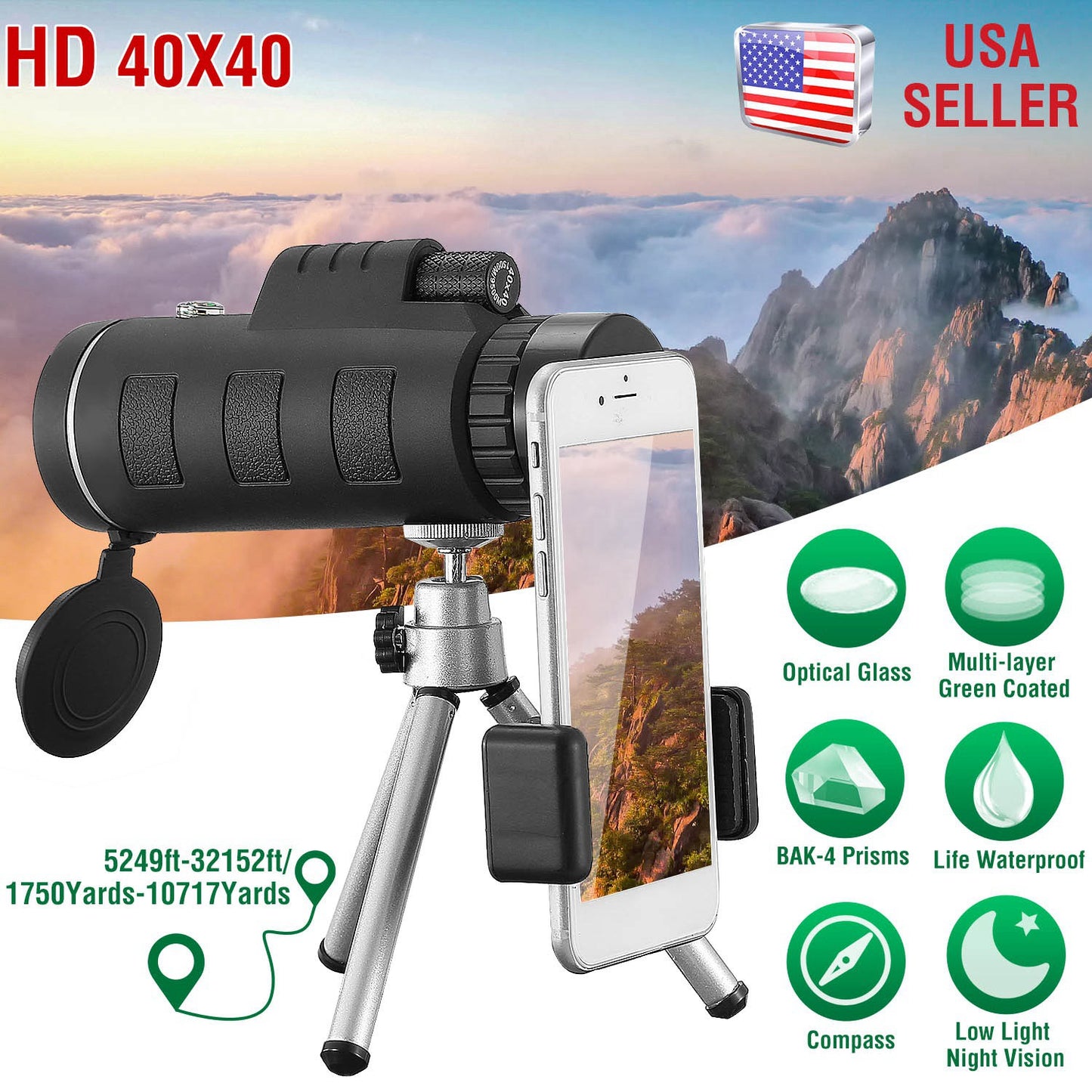 40x40 Monocular Telescope with Phone Adapter and Tripod
