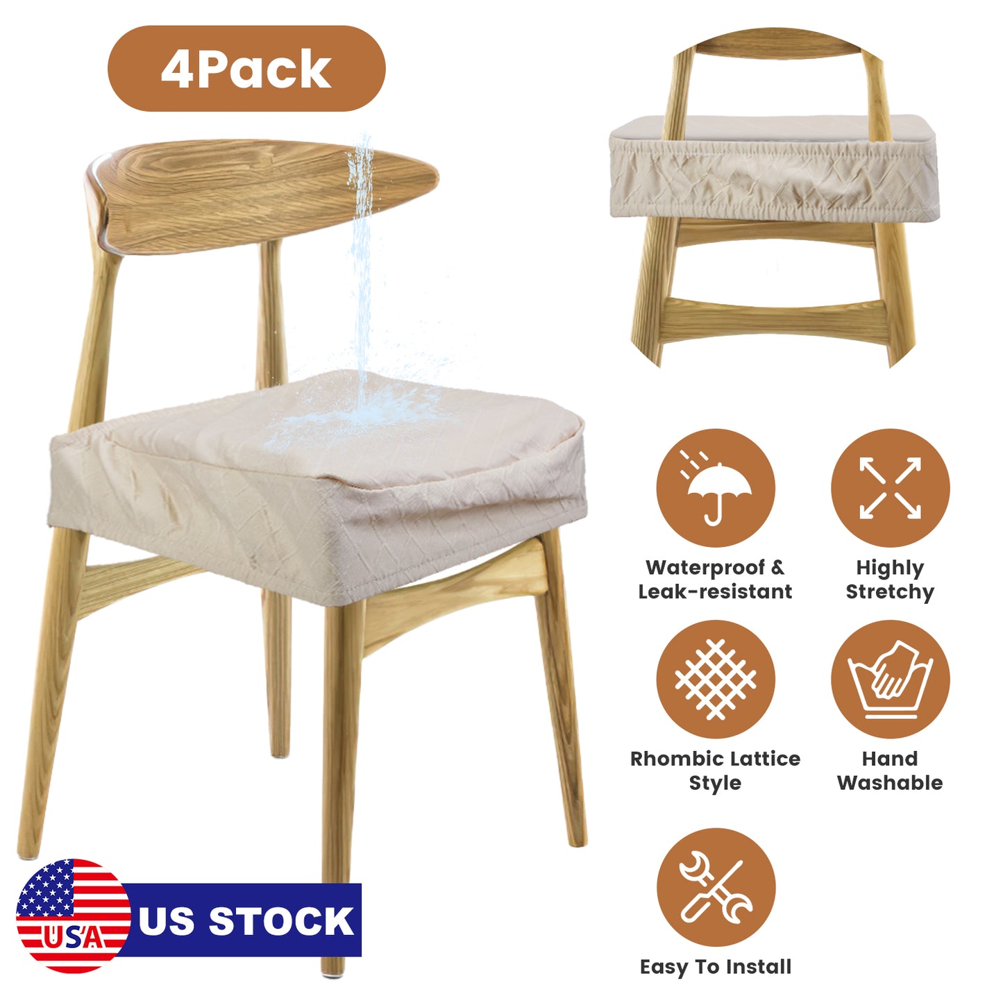 Waterproof Dining Chair Seat Covers - 4 Pack Stretch Slipcovers