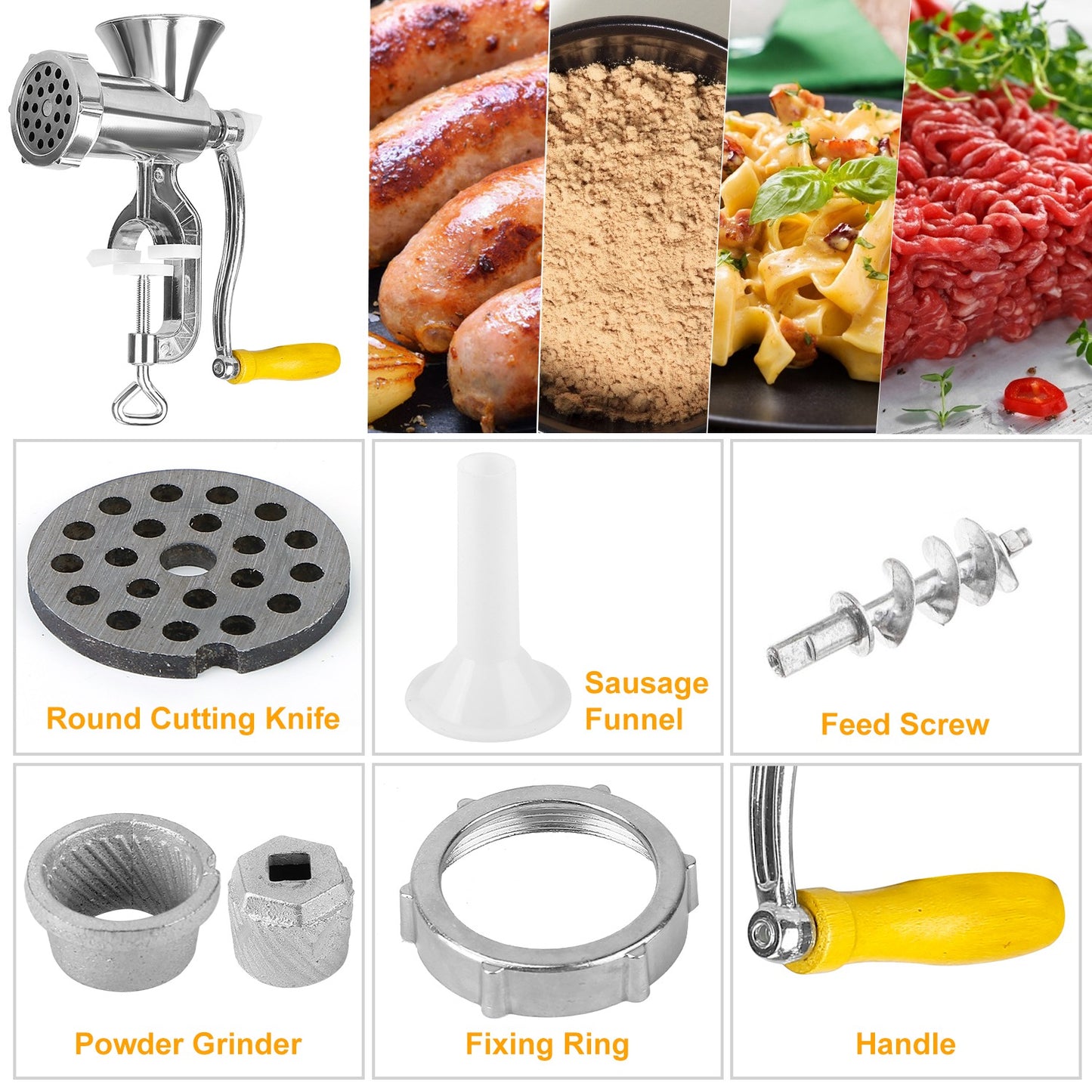 Manual Meat Grinder with Sausage & Noodle Attachments