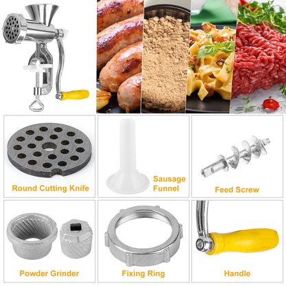 Manual Meat Grinder with Sausage & Noodle Attachments