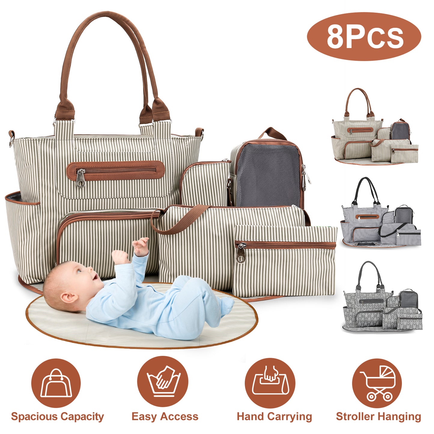 Diaper Bag Set 8-Piece with Changing Pad and Stroller Straps