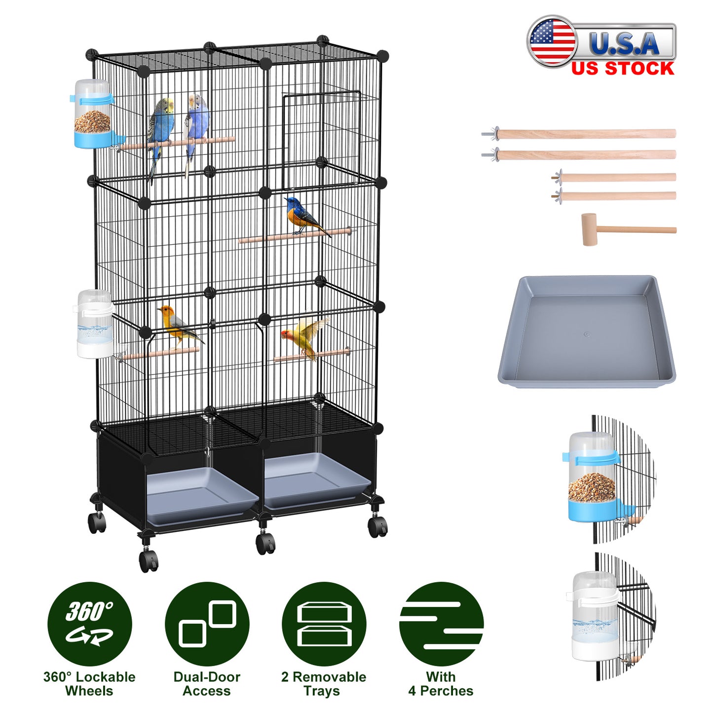 46in Bird Cage with Wooden Perches and Lockable Wheels