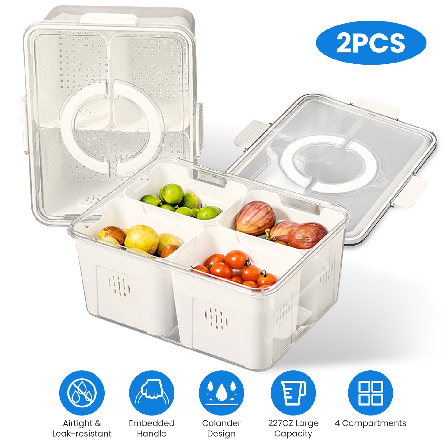 Airtight Fruit Storage Containers 4-Compartment with Colanders