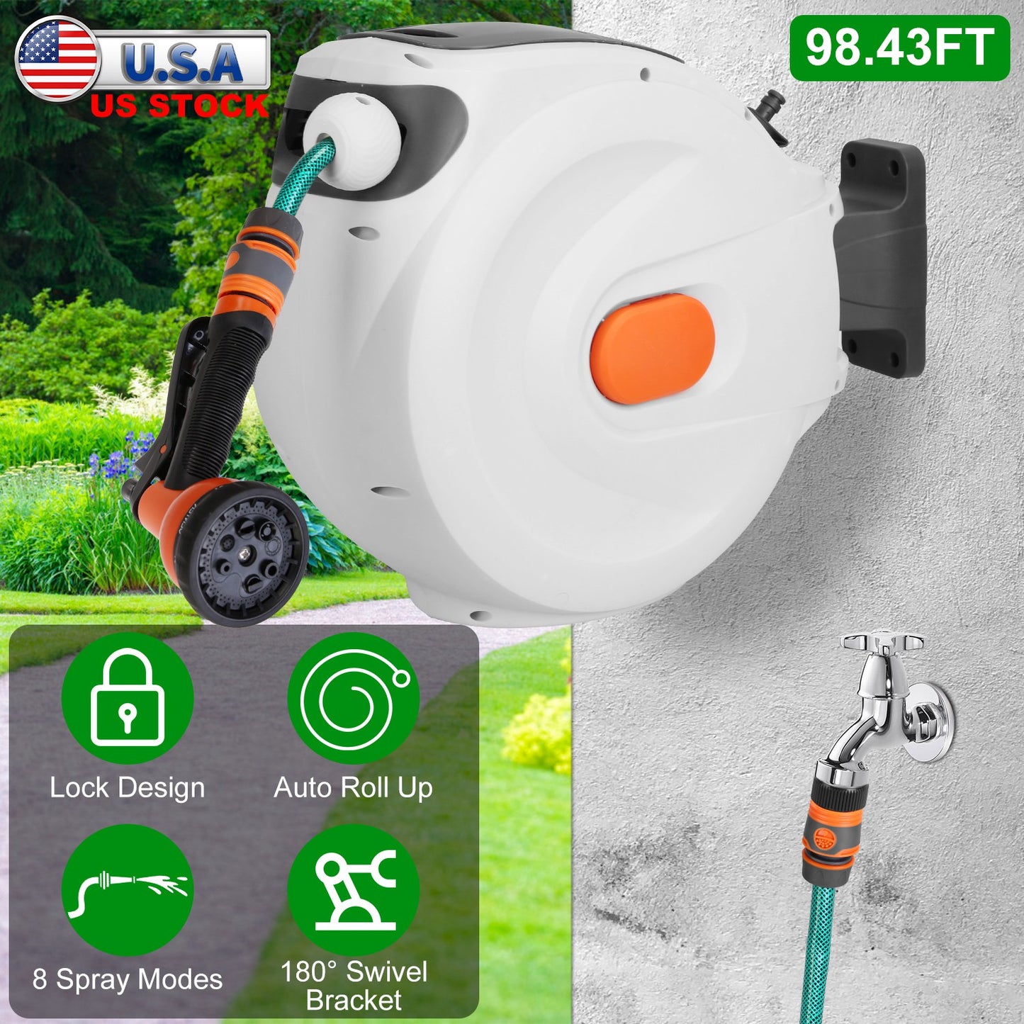Retractable Garden Hose Reel 98ft Wall Mounted Auto Rewind