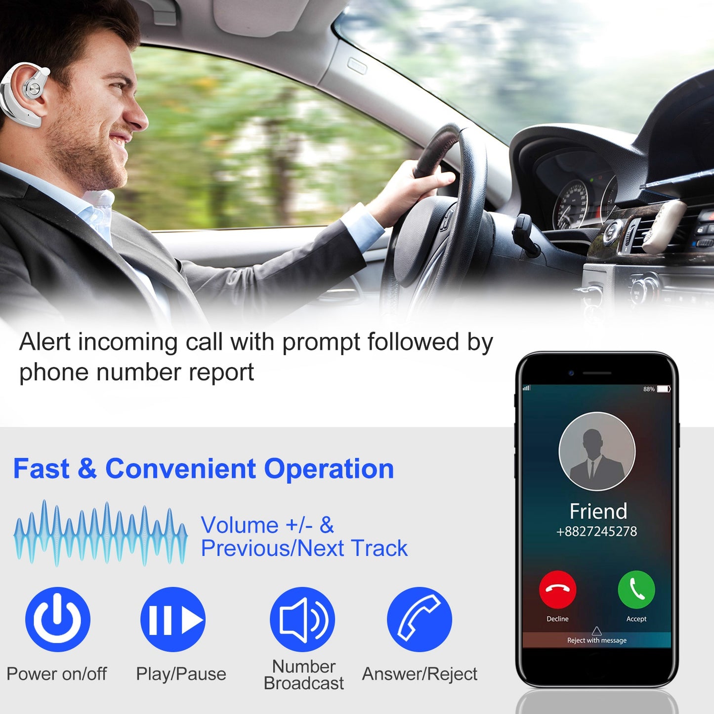 Wireless Bluetooth Earpiece with Mic for Business & Driving