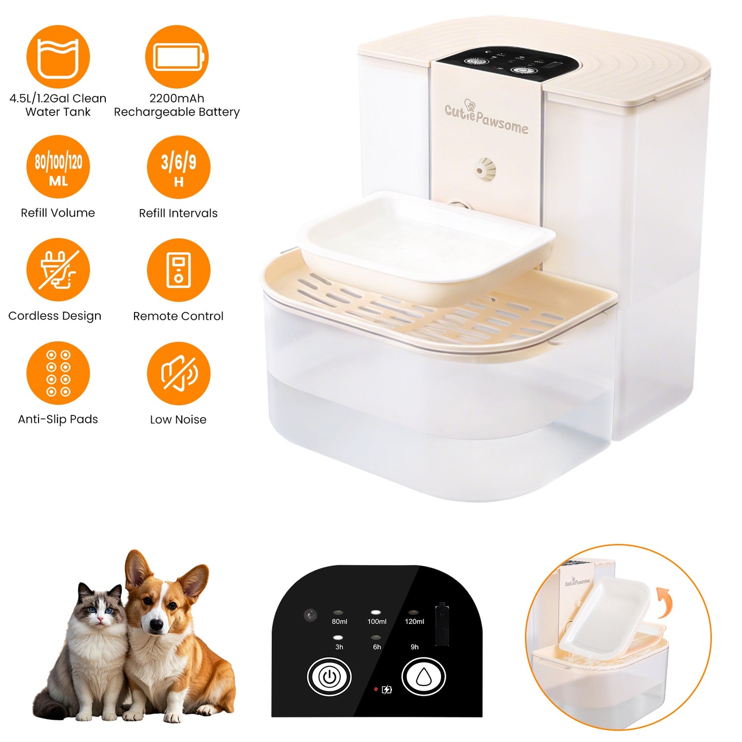 Automatic Pet Water Fountain 4.5L Cordless Rechargeable Dispenser