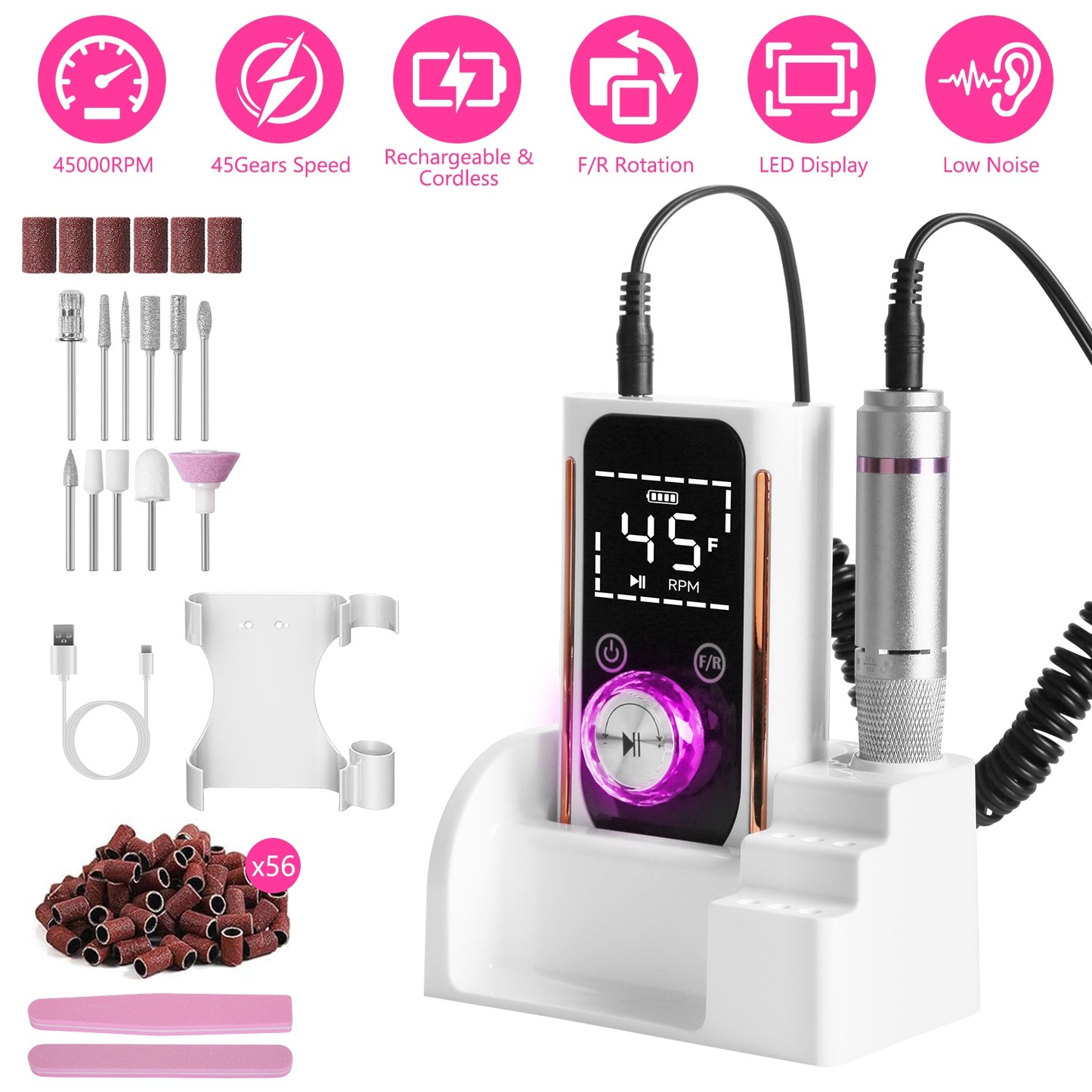 Electric Nail Drill Kit 45000 RPM with 11 Bits & LED Display