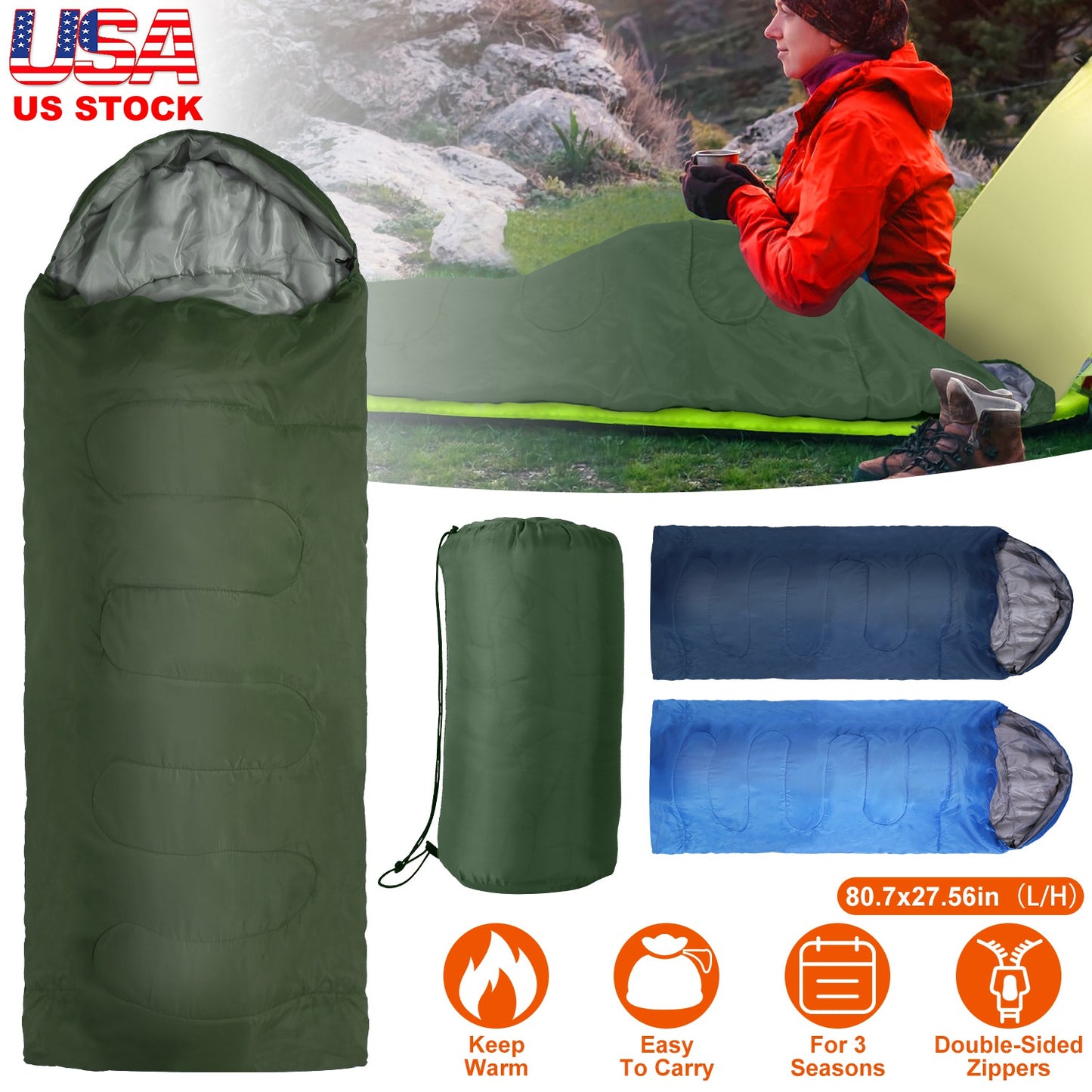 3-Season Sleeping Bag for Adults with Carry Bag 32-50°F