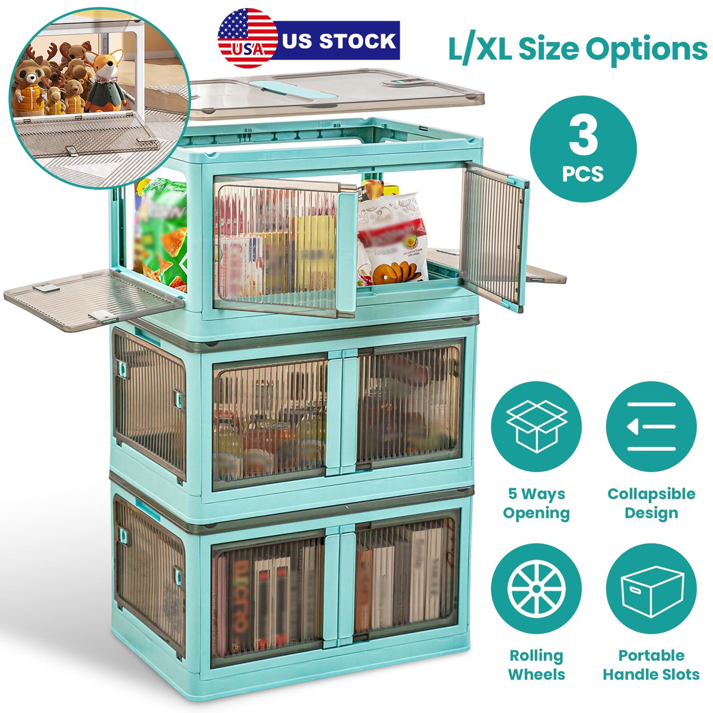 Foldable Storage Bins with Lids & Wheels - 3 Pack Stackable