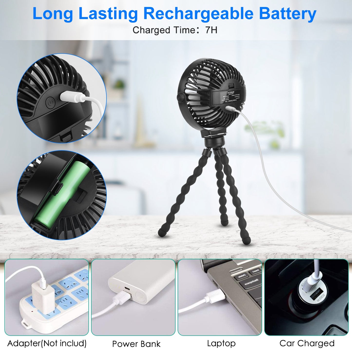 Portable Stroller Fan with Flexible Tripod & Rechargeable Battery