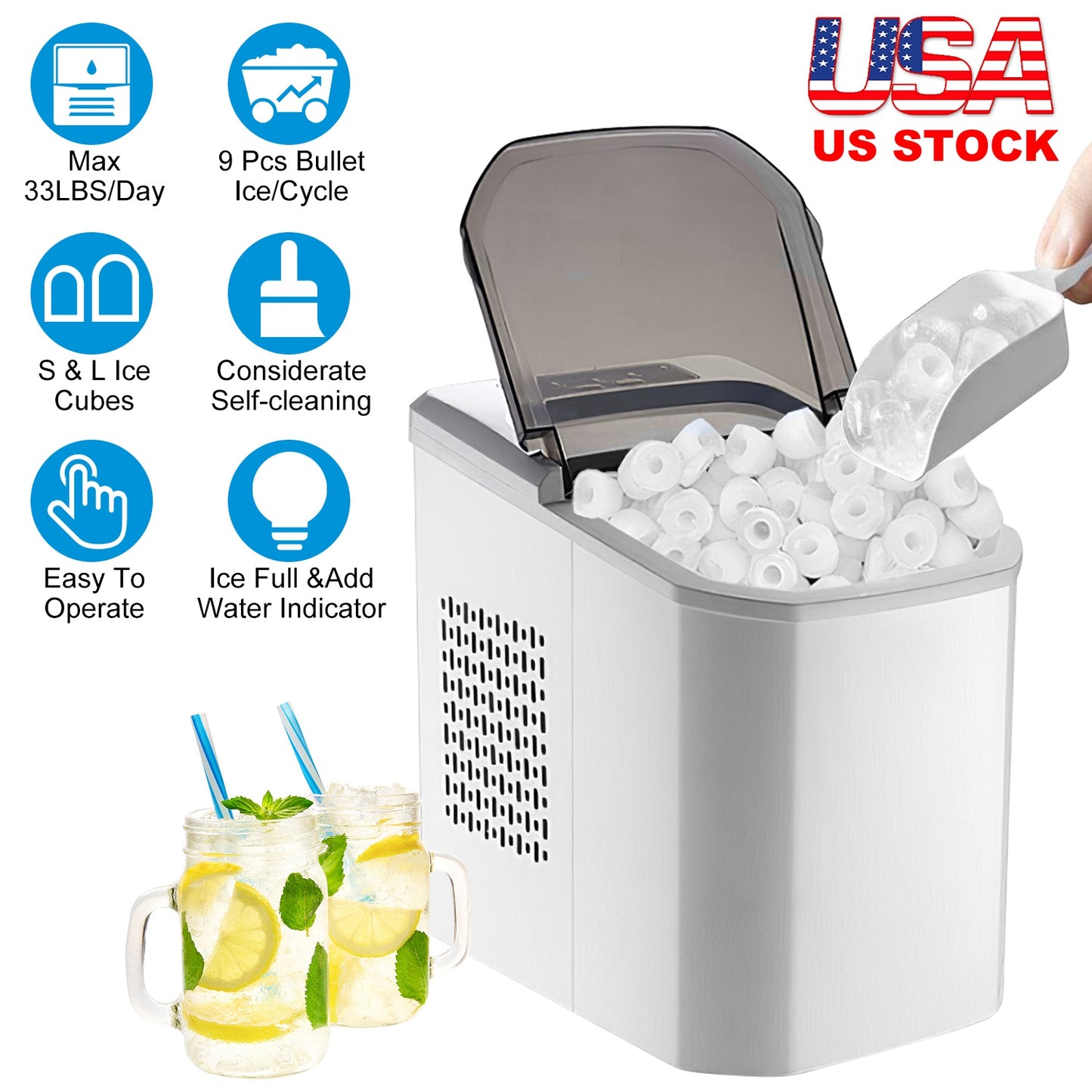 Countertop Ice Maker Machine – 33 lbs/Day Self-Cleaning