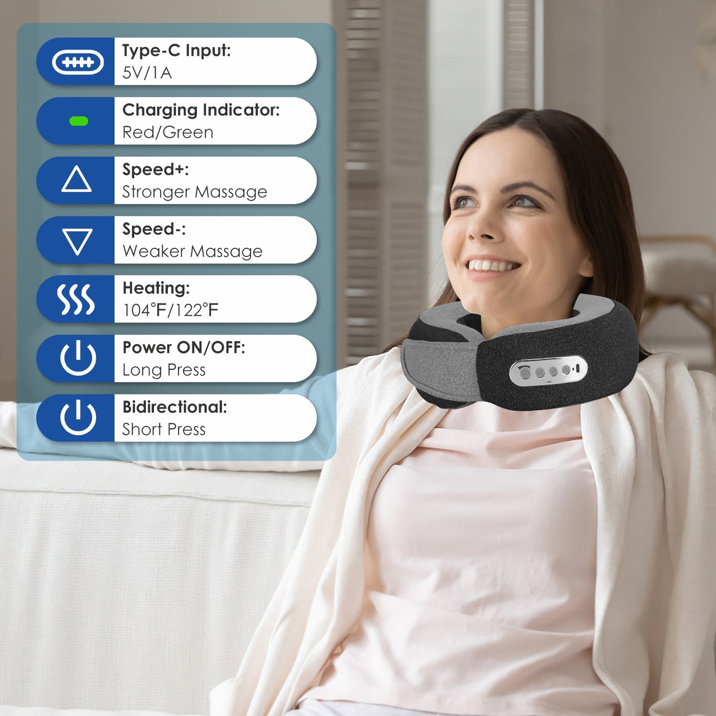 Neck Massager Pillow with Heat & Memory Foam Travel Support