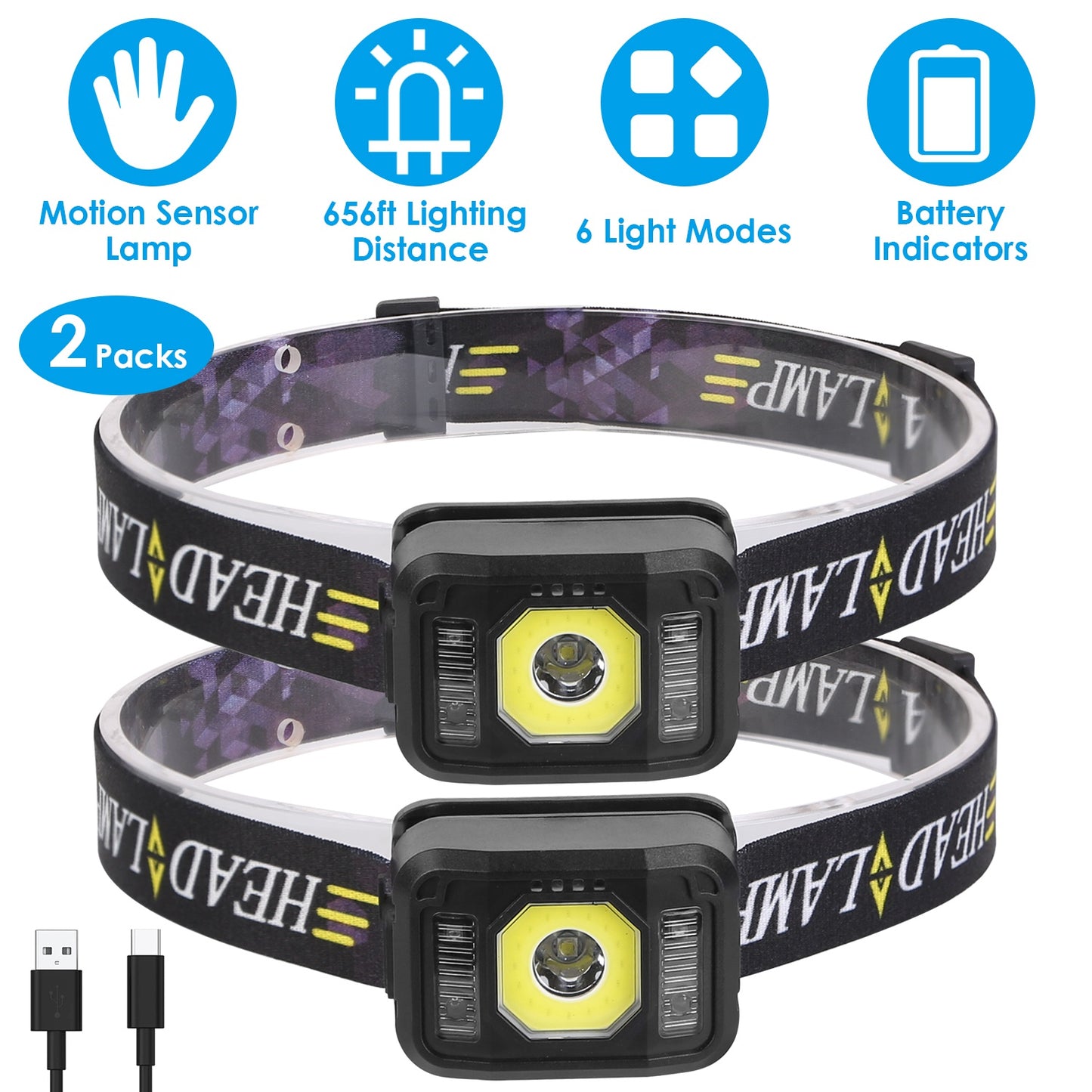 Rechargeable Motion Sensor Headlamp with 6 Light Modes - 2 Pack