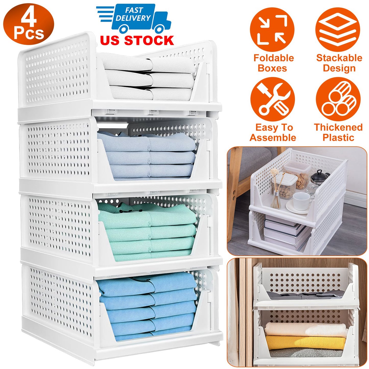 Plastic Storage Bins with Slide Rails - 4 Pack Stackable