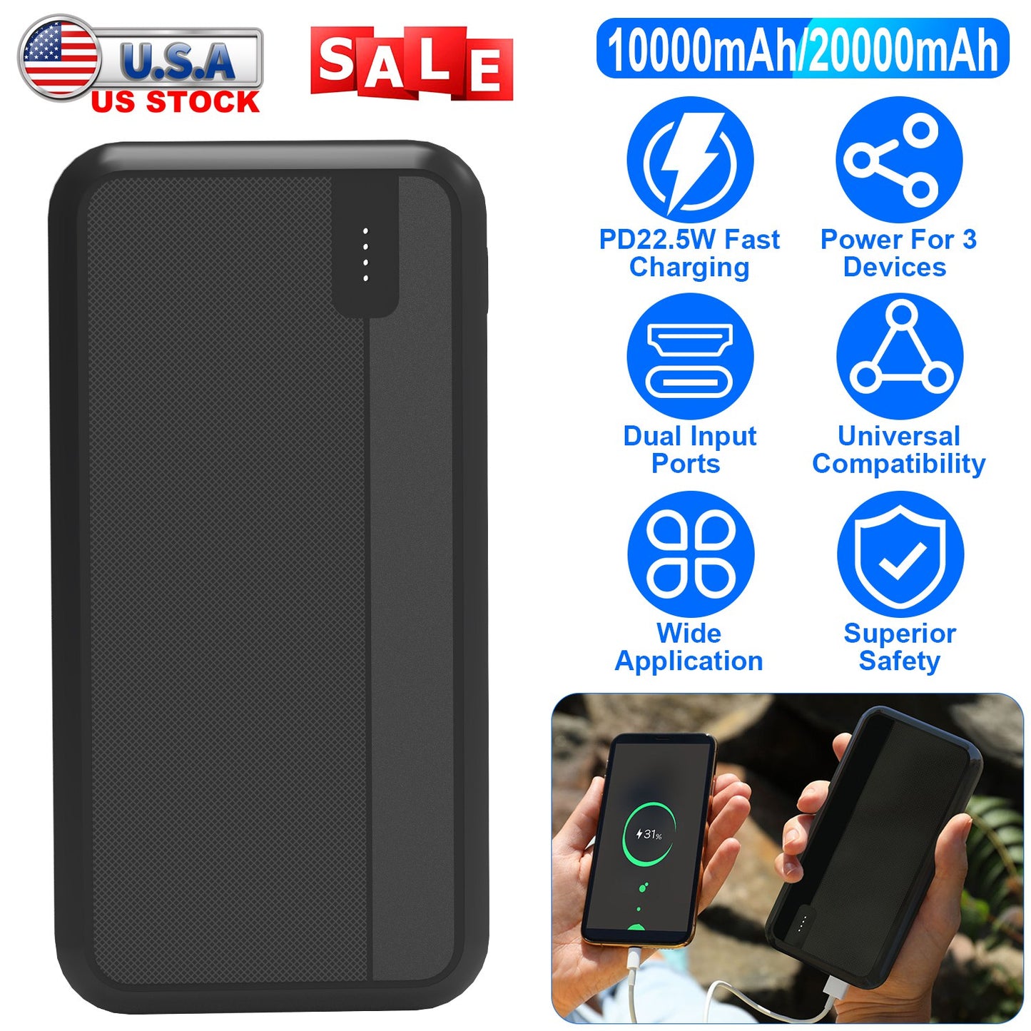 10000mAh Fast Charging Power Bank with PD 22.5W USB-C Cable