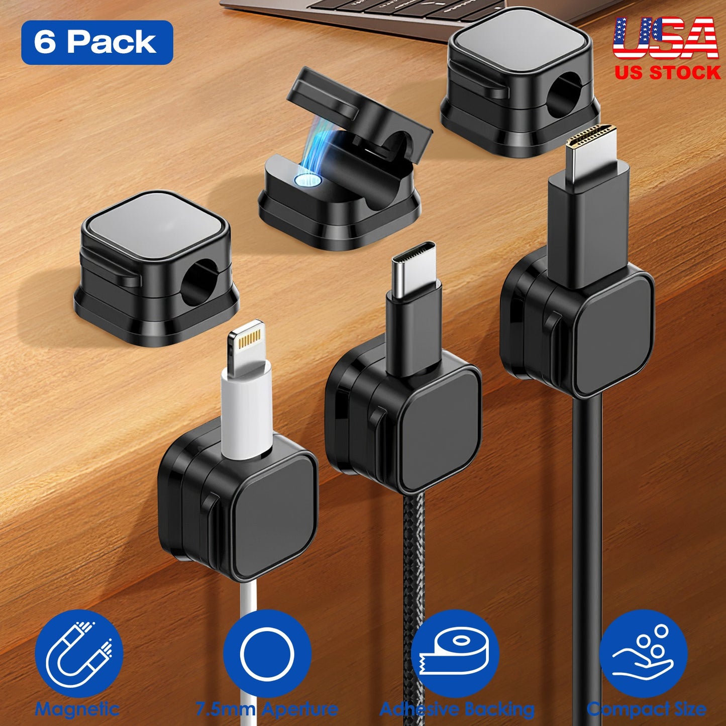 Magnetic Cable Clips 6-Pack - Adhesive Cord Organizer