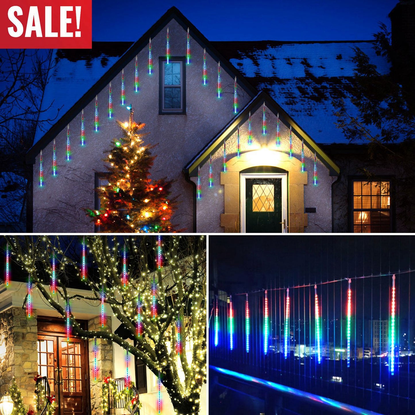 Solar Meteor Shower String Lights 8 Tubes 144 LED Waterproof