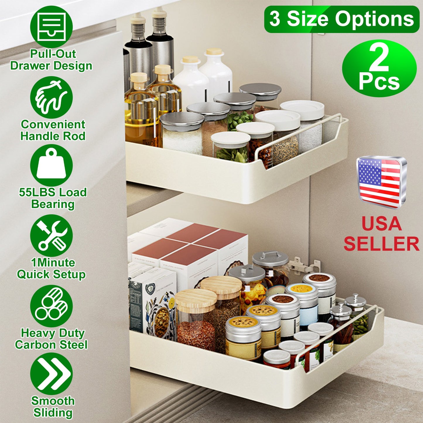 Pull Out Cabinet Organizers - 2 Pack Carbon Steel Sliding Drawers