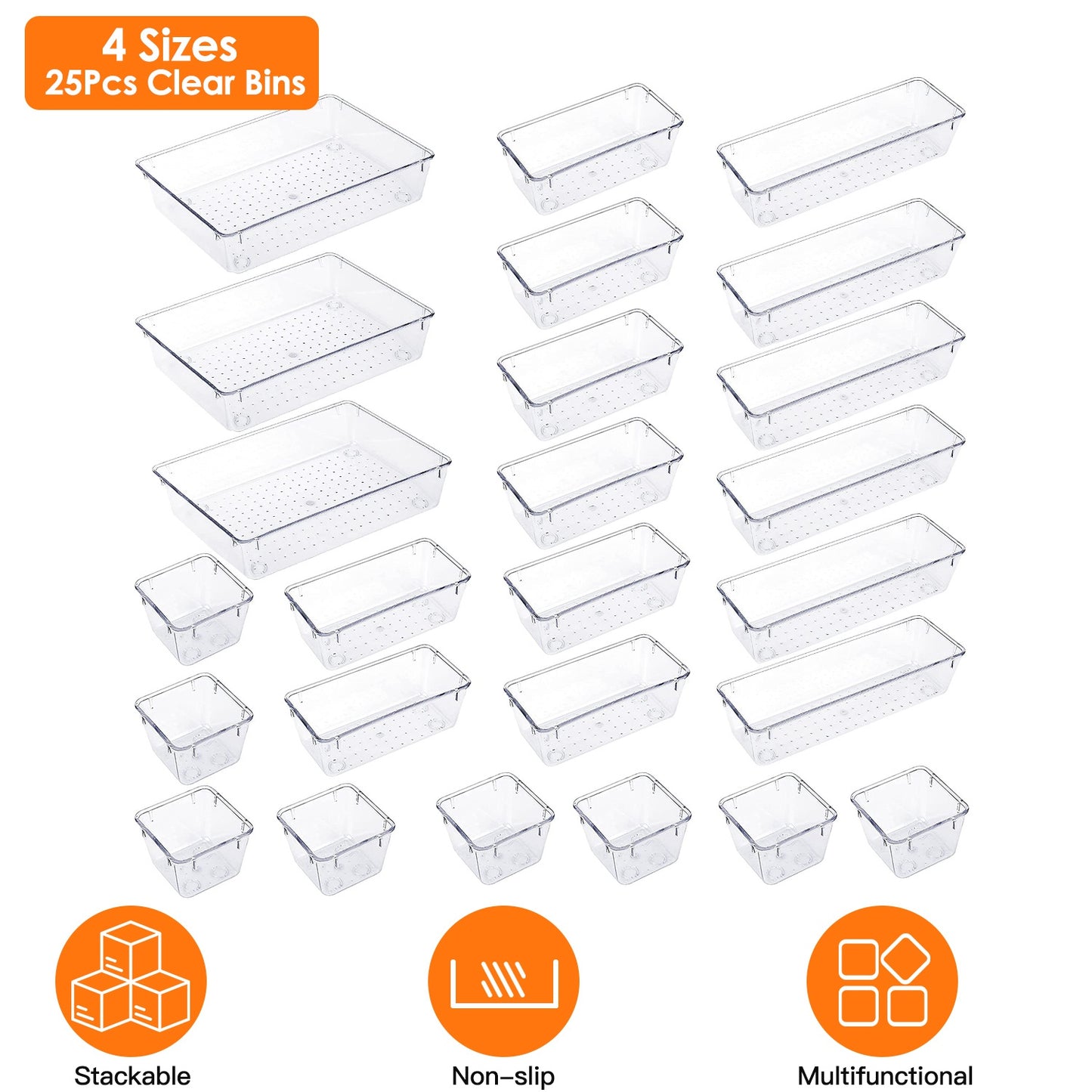 Clear Drawer Organizers Set - 25 Piece Storage Bins