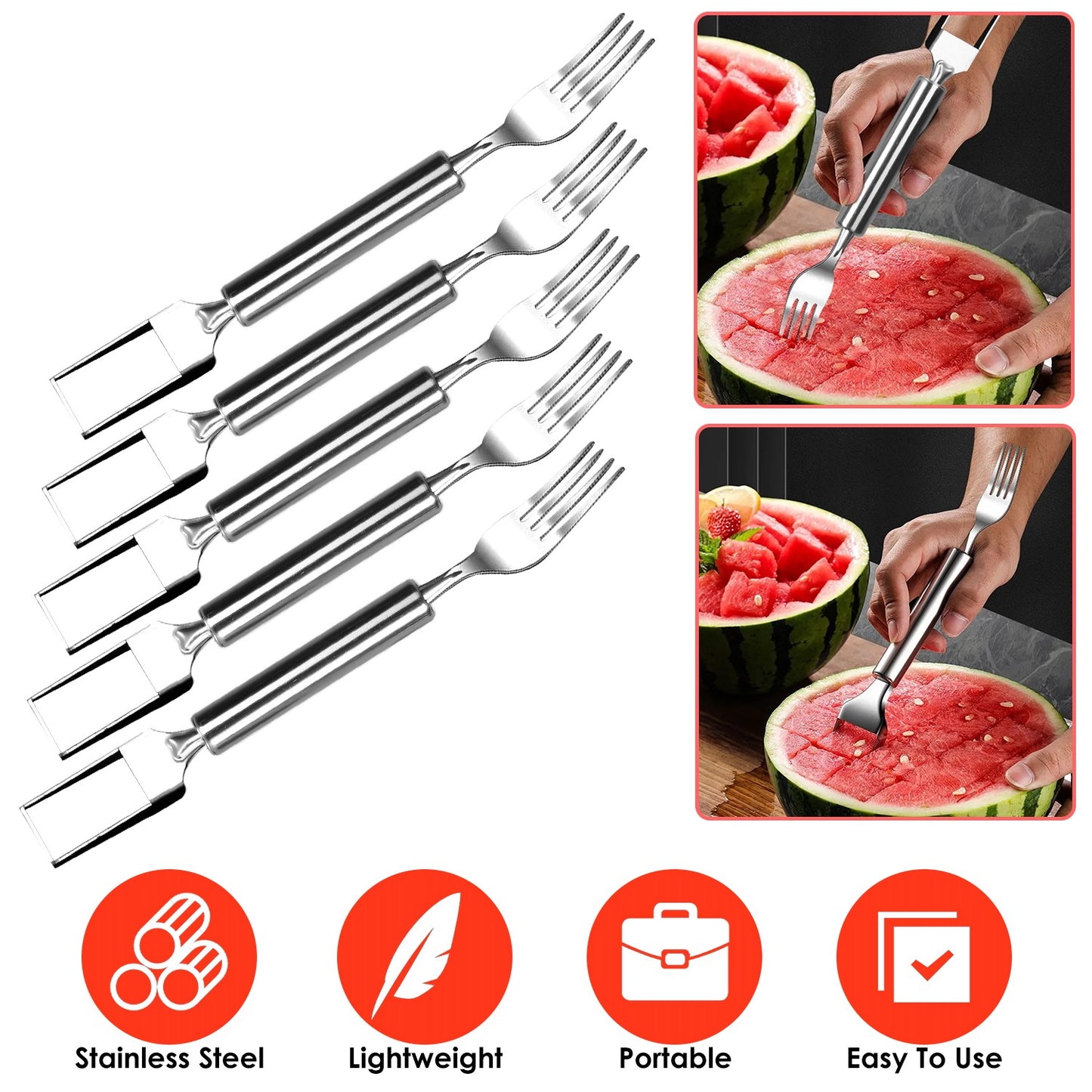 2-in-1 Watermelon Slicer Fork Set - Stainless Steel (5 Pack)