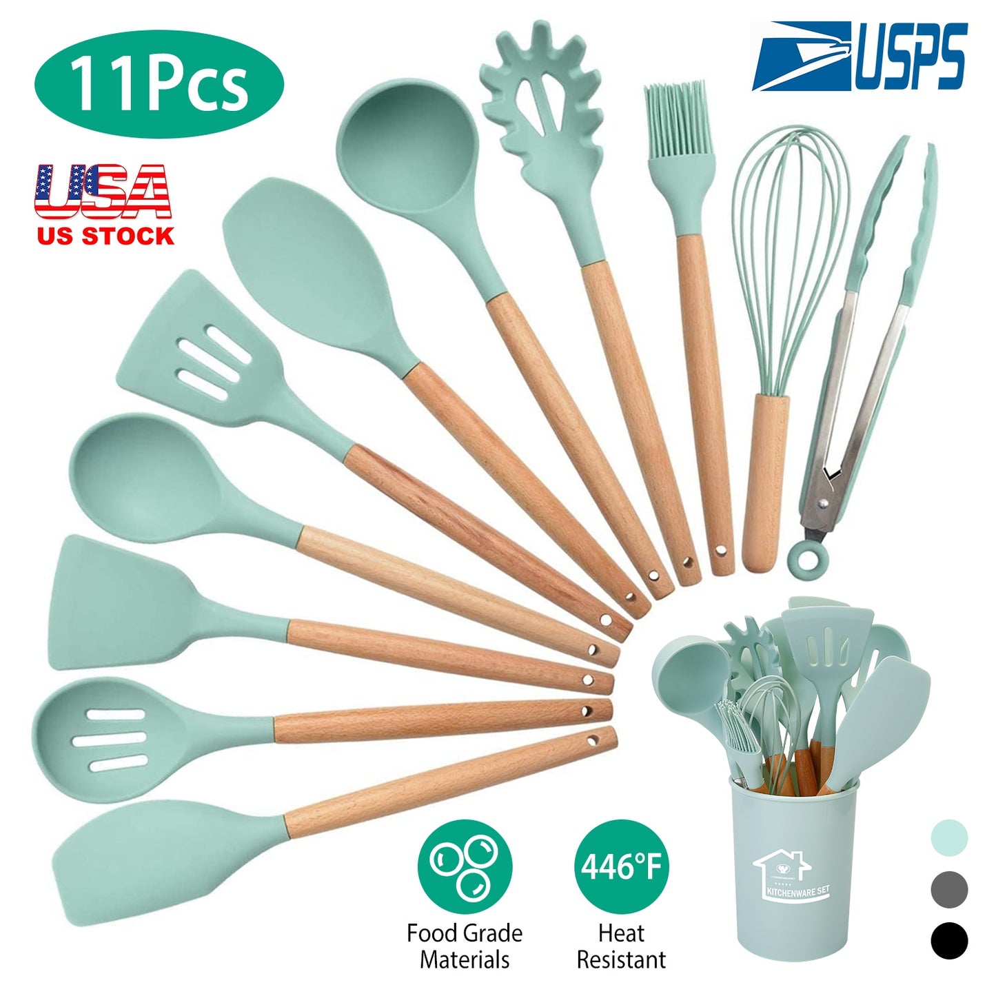 Silicone Cooking Utensil Set, 11-Piece with Wooden Handles