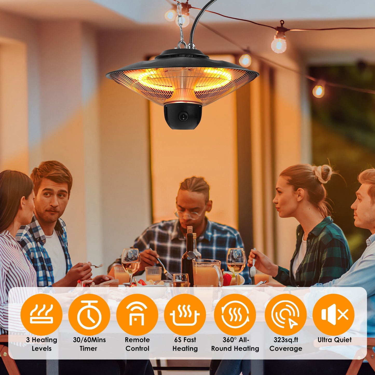 1500W Electric Patio Heater with Remote & Timer