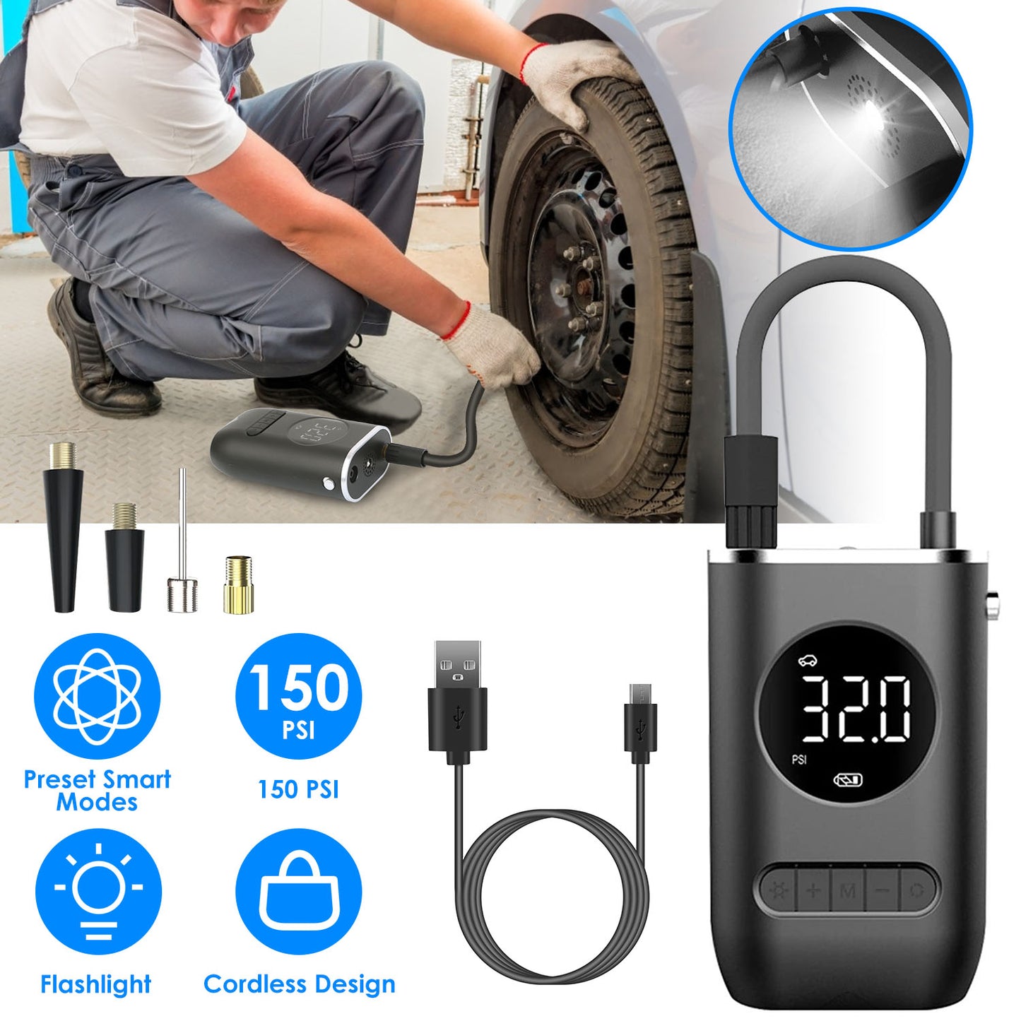 Portable Tire Inflator Pump 150 PSI Wireless with LED Light