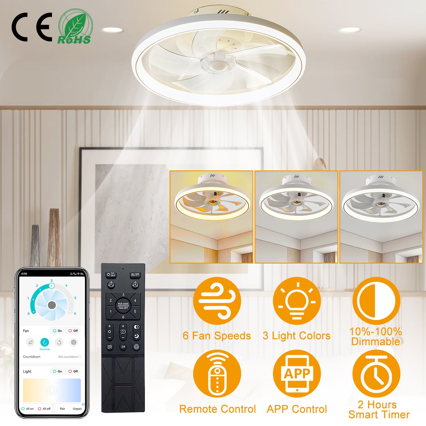LED Ceiling Fan with Light 19.7in 6-Speed Remote & APP Control