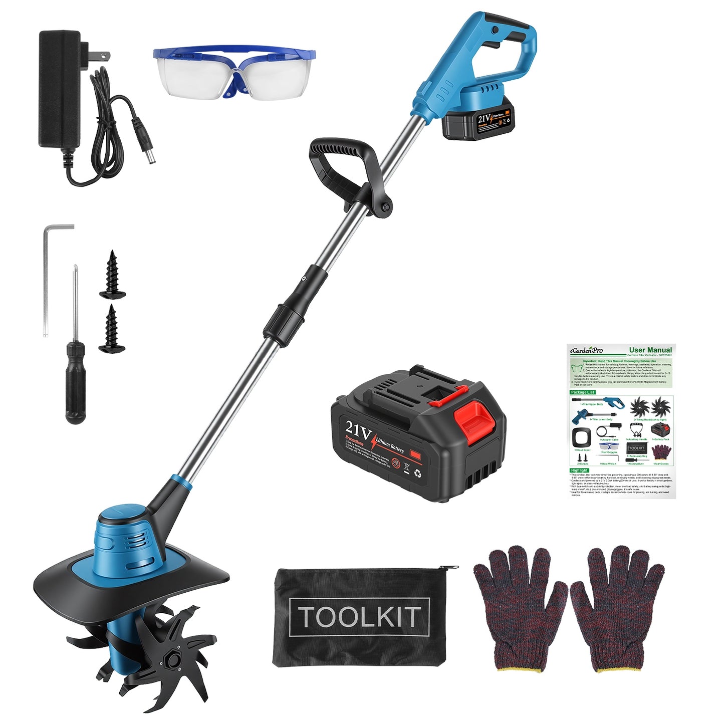 Cordless Tiller Cultivator 800W 21V Battery Powered Garden Tool