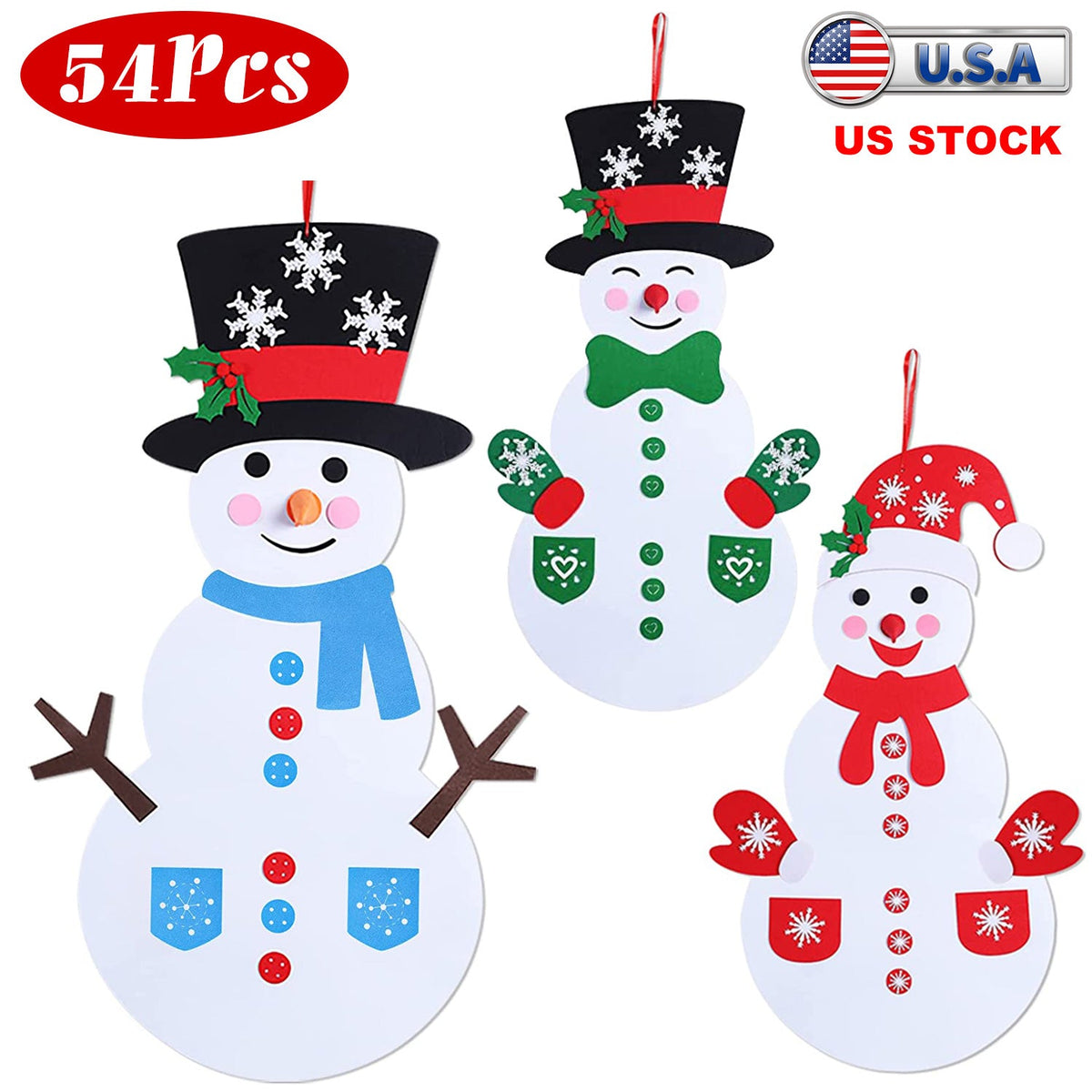 Felt Christmas Snowman Set DIY Felt Christmas Hanging Decorations Kits with 54Pcs Detachable Ornaments Xmas Gift for Toddlers