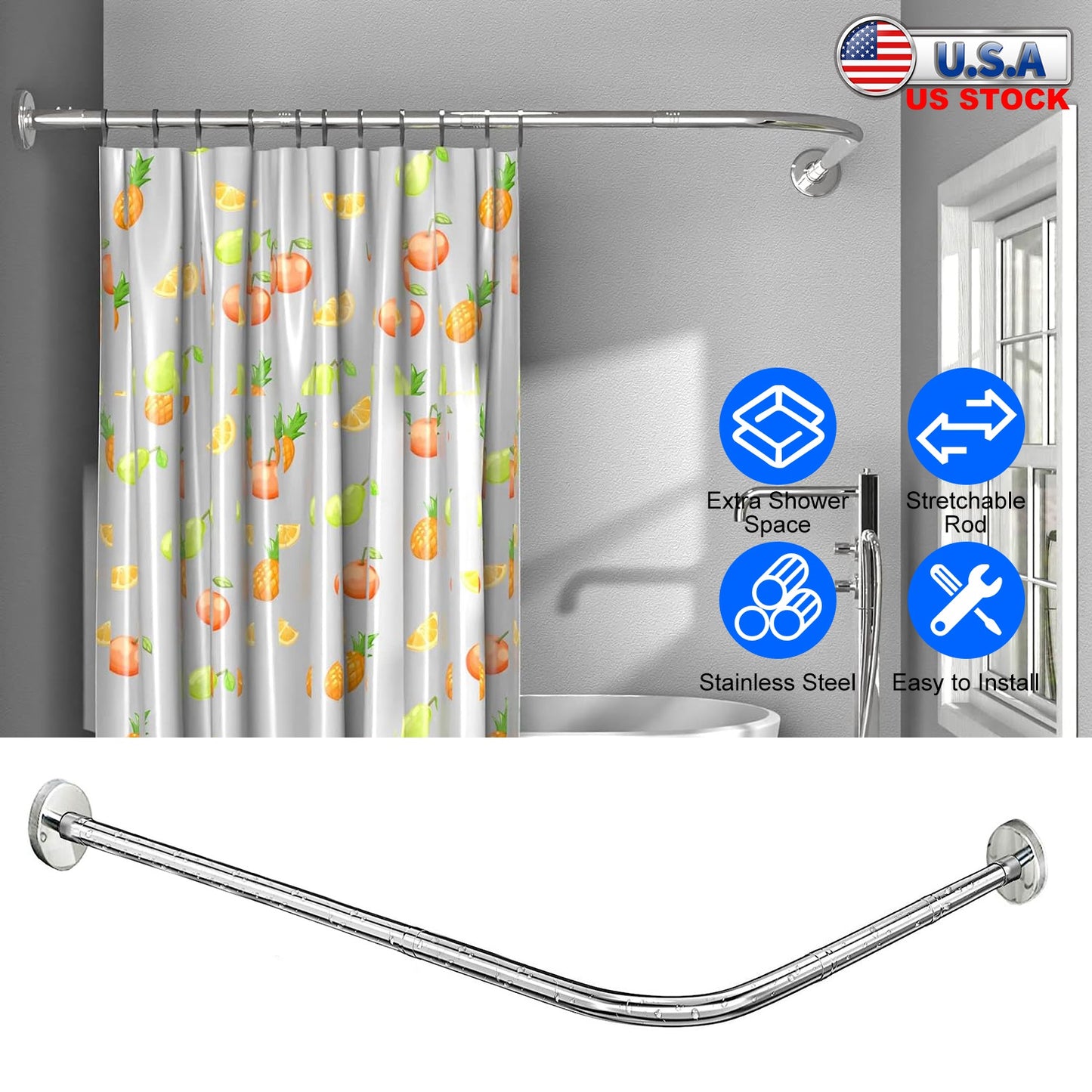 L-Shaped Curved Shower Curtain Rod - Stainless Steel