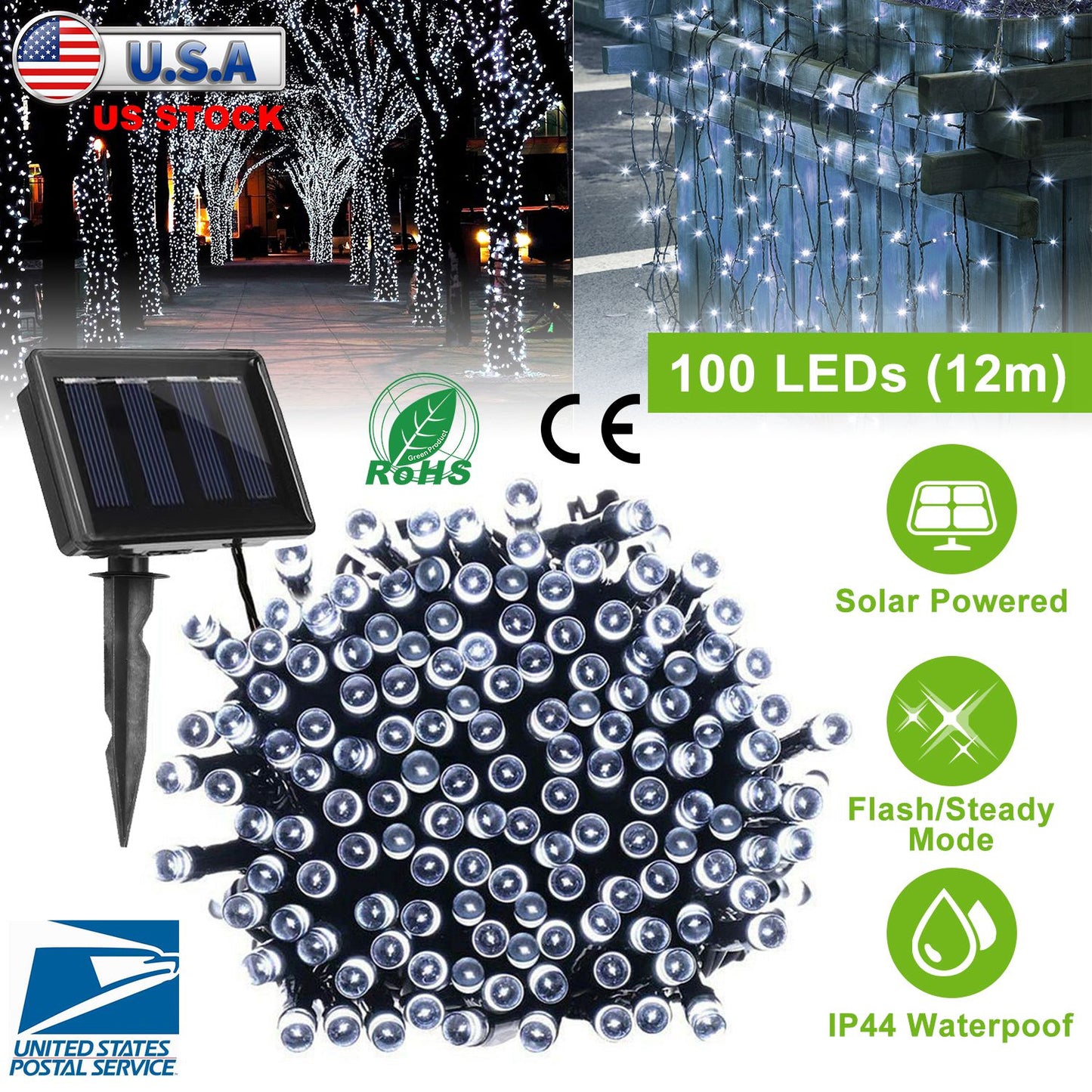Solar String Lights 100 LED 40ft Outdoor Waterproof Cool White
