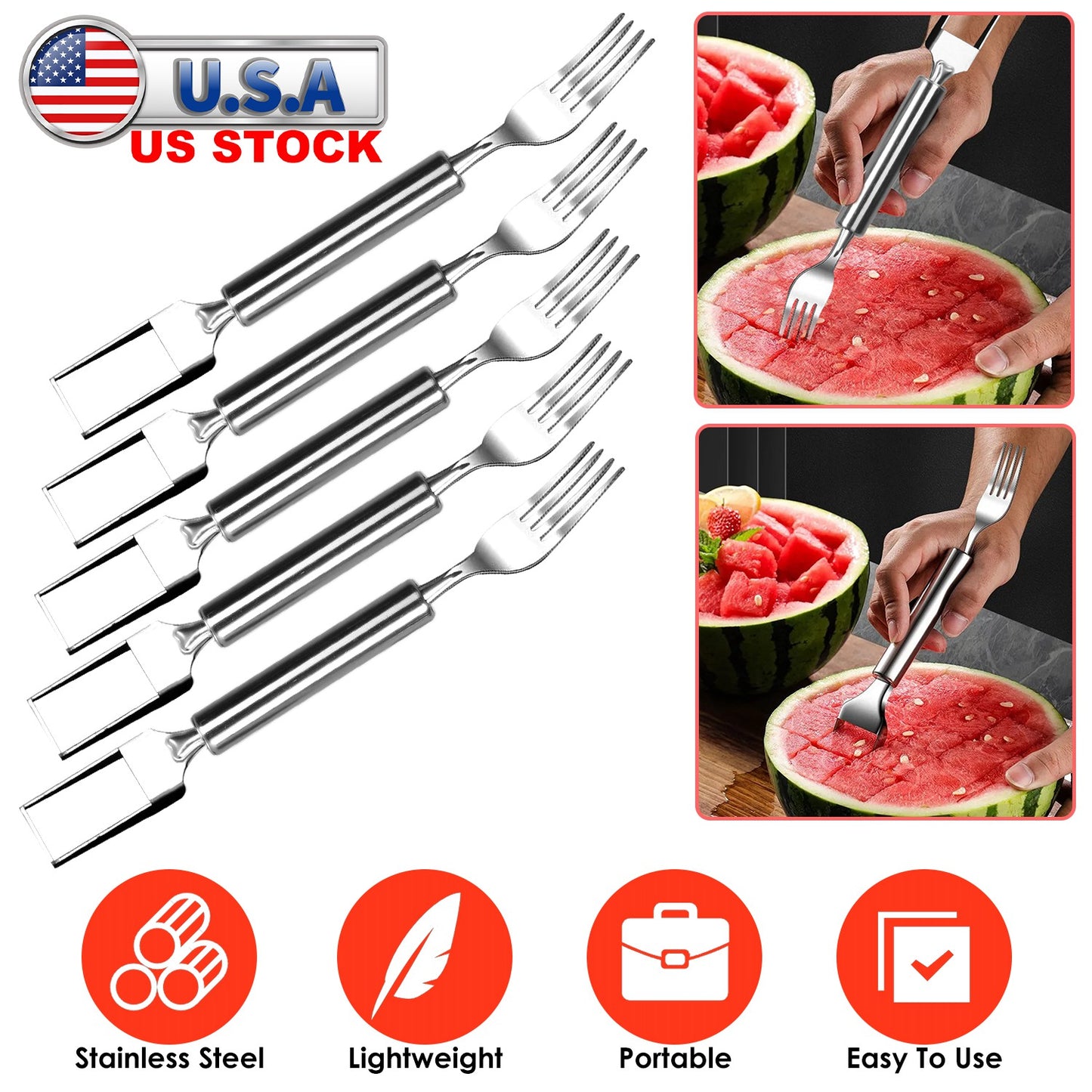 2-in-1 Watermelon Slicer Fork Set - Stainless Steel (5 Pack)