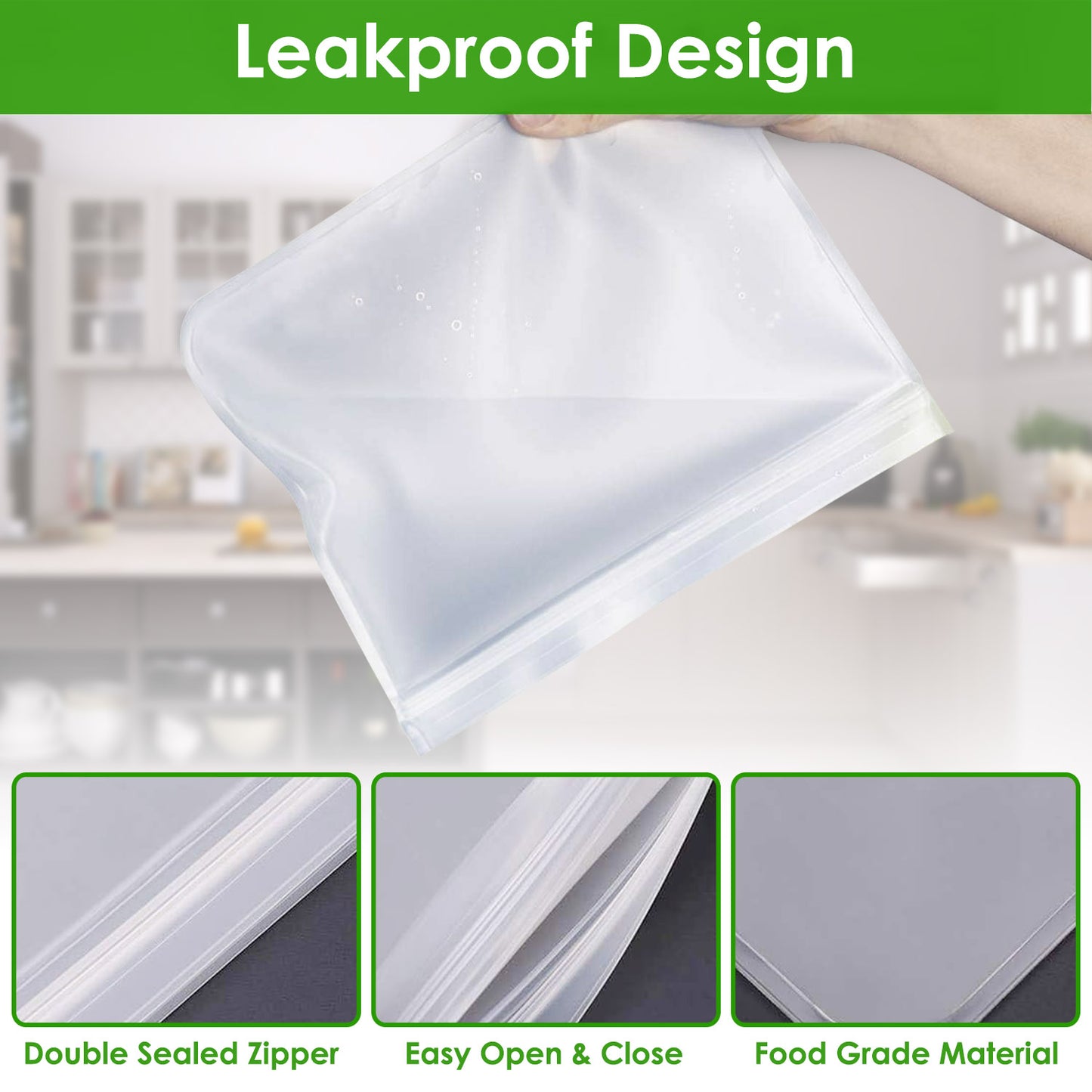 Reusable Food Storage Bags Set of 20 - Leakproof PEVA Freezer Bags