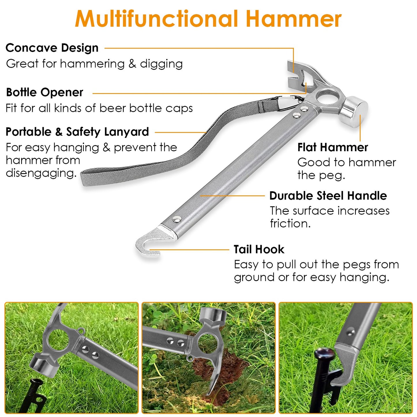 Tent Stakes Kit with Hammer and Reflective Ropes - 10 Stakes