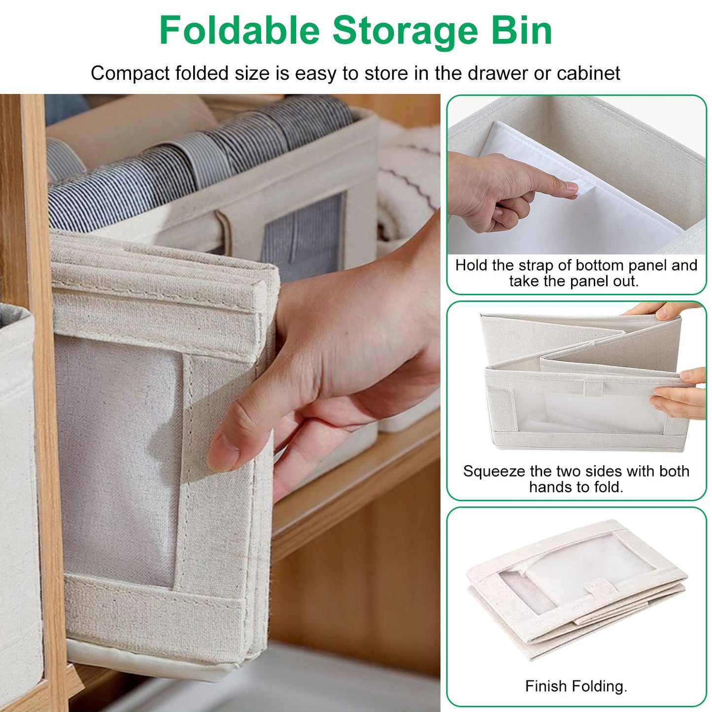 Foldable Linen Storage Bins with Clear Window - Set of 4