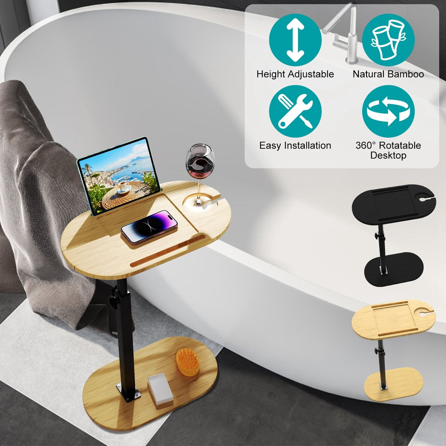 Adjustable C-Shaped Bathtub Tray Table with 360° Rotation