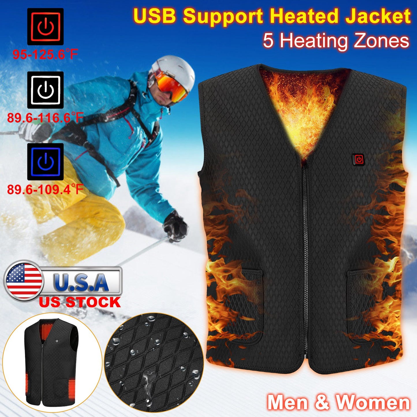 USB Heated Vest with 5 Heating Zones - 3 Temperature Settings