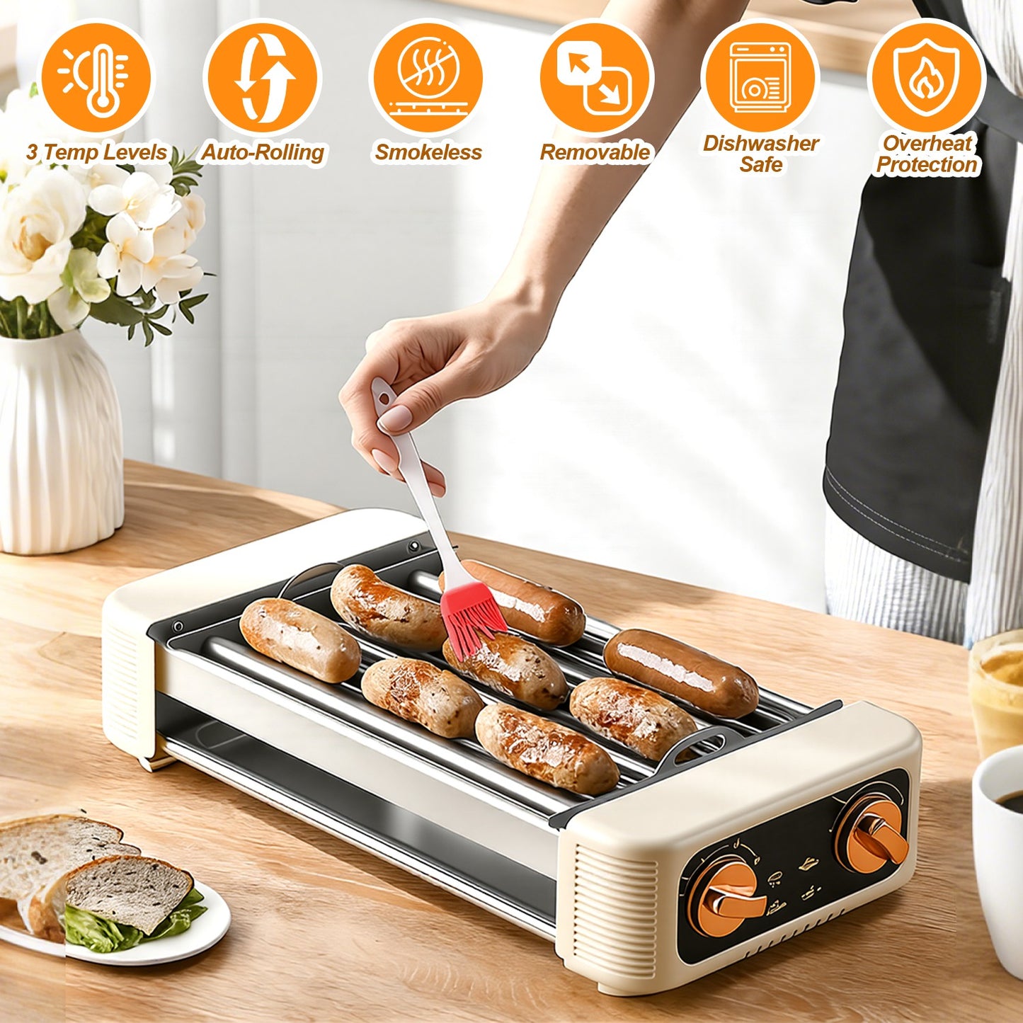 Electric Hot Dog Roller Grill with Griddle - 3-in-1 Cooker